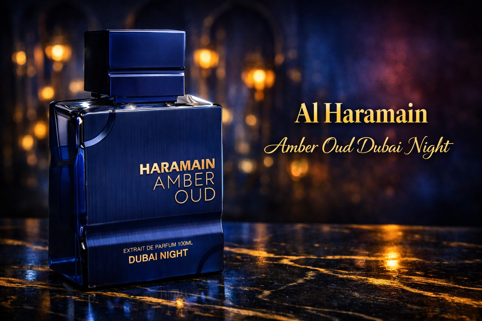 Presentación de lujo del frasco oscuro del perfume árabe Al Haramain Amber Oud Dubai Night, destacando su potencia para la noche en Argentina.