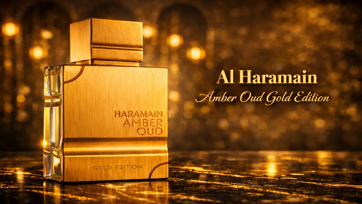 Lujoso frasco dorado del perfume Al Haramain Amber Oud Gold Edition, resaltando su perfil frutal y rendimiento extremo en Argentina.