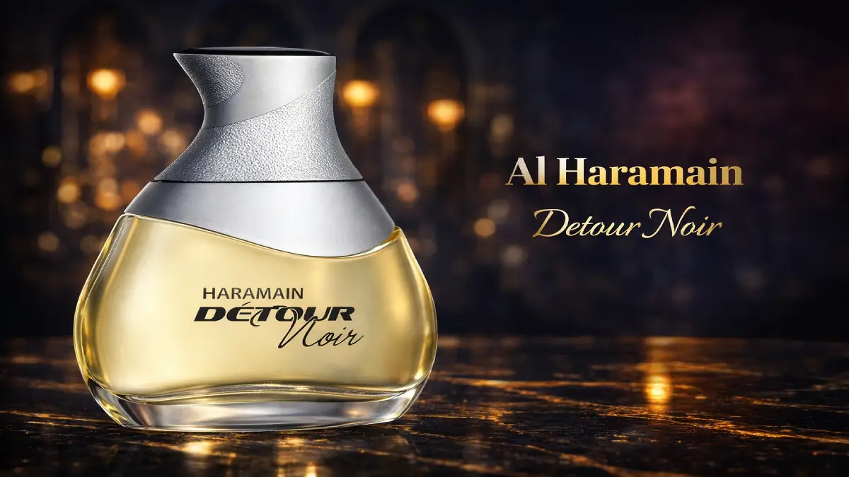 Peculiar frasco original del perfume Al Haramain Detour Noir, famoso por ser la mejor alternativa a Layton en Argentina.