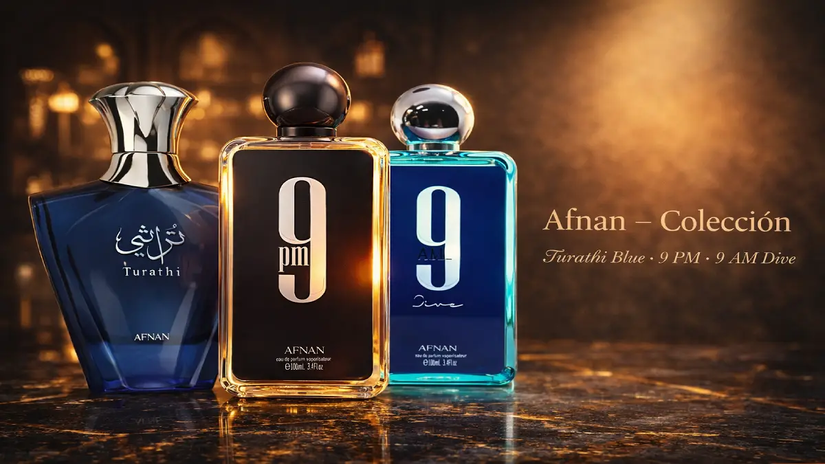 Exhibición de los mejores perfumes árabes de la marca Afnan en Argentina, destacando Afnan 9pm y Turathi Blue.