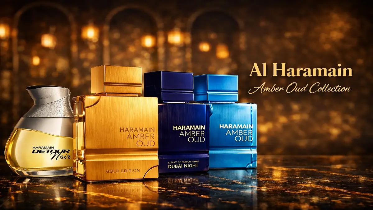 Frascos de perfumes árabes Al Haramain como Amber Oud Gold Edition, L'Aventure y Detour Noir exhibidos, destacando su lujo y calidad en Argentina.