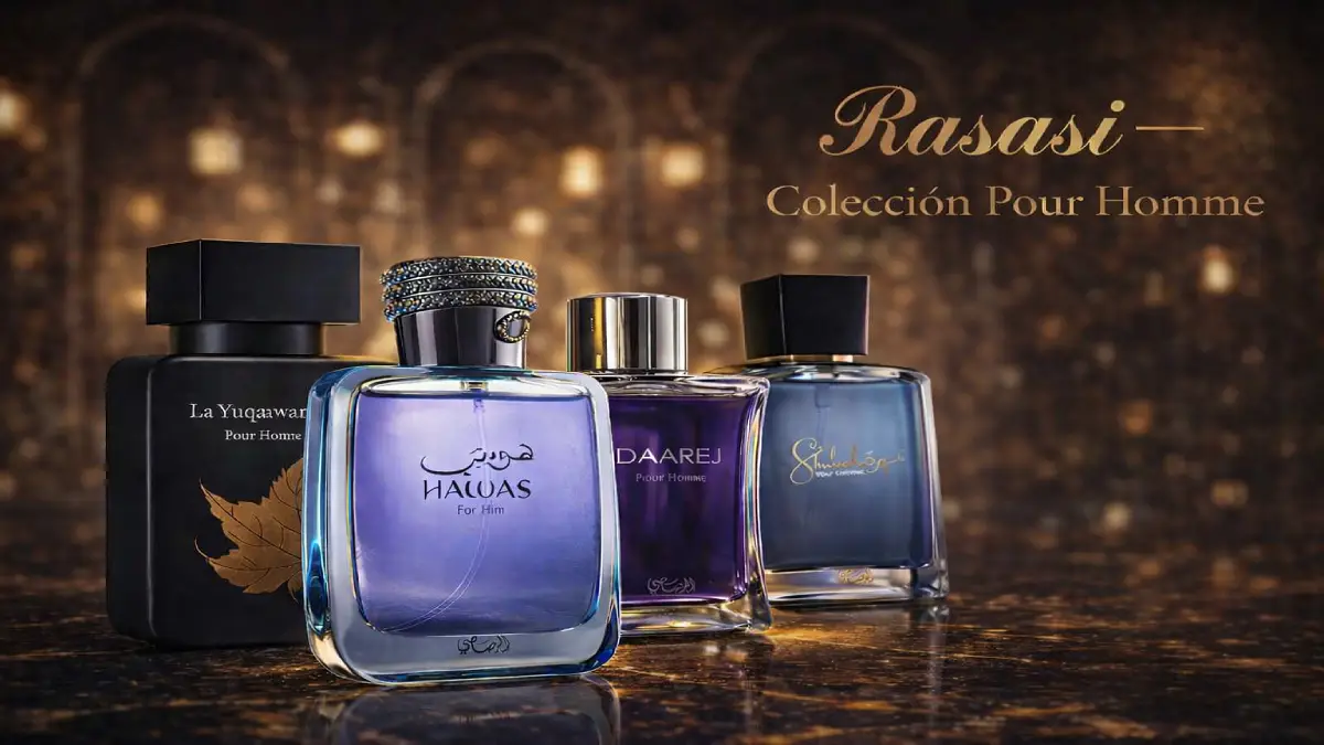 Frascos de perfumes árabes Rasasi como Hawas, La Yuqawam y Shuhrah exhibidos, destacando la mejor perfumería de nicho en Argentina.