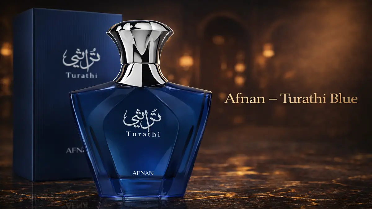 Frasco azul elegante del perfume Afnan Turathi Blue, el mejor clon de Bvlgari Tygar en Argentina.
