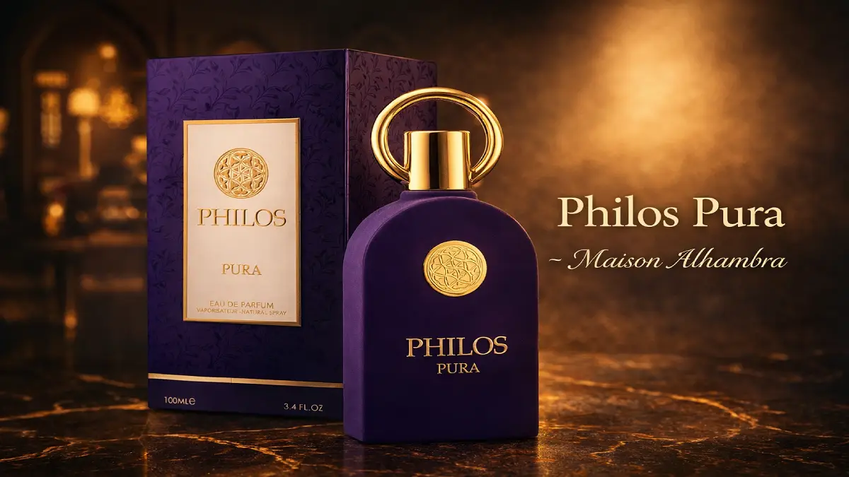 Frasco aterciopelado violeta del perfume Philos Pura de Maison Alhambra, el mejor clon de Erba Pura en Argentina.