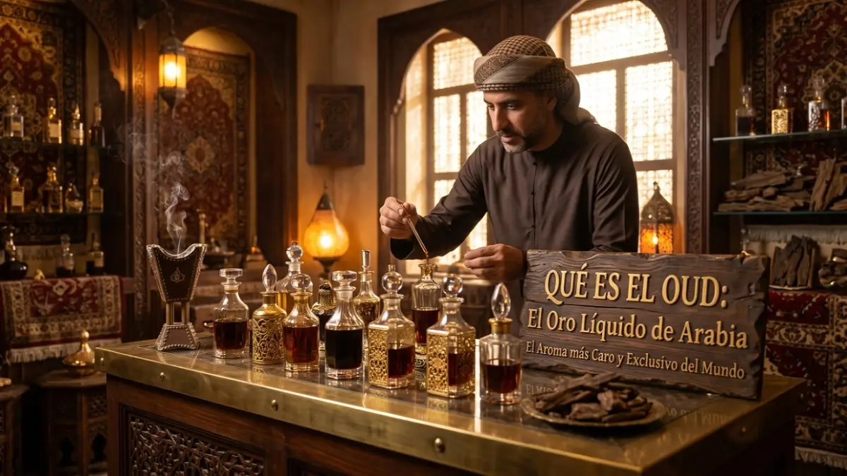 Experto perfumista árabe explicando qué es el Oud, el oro líquido de Arabia, en una tienda de lujo.