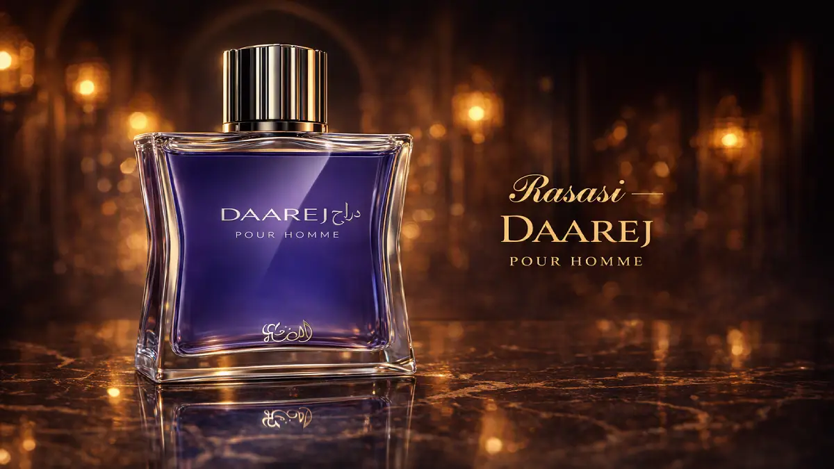 Frasco original del perfume árabe Rasasi Daarej Pour Homme, ideal para invierno y citas, destacando su relación calidad-precio en Argentina.