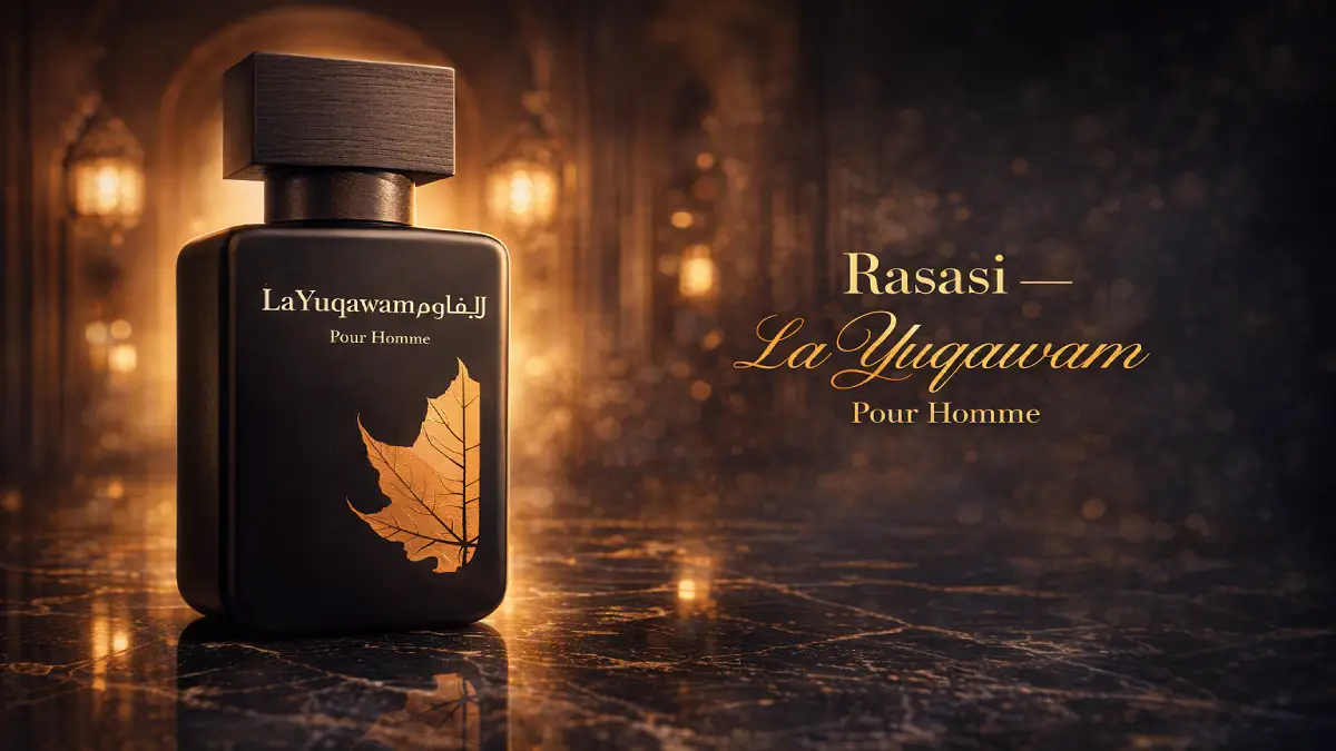 Presentación de lujo en caja de madera del perfume árabe Rasasi La Yuqawam Pour Homme original en Argentina.