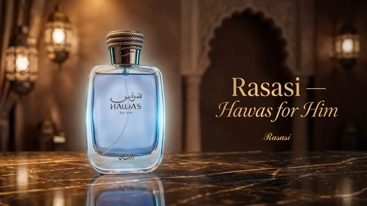 Frasco original de Rasasi Hawas for Him con su distintiva tapa de serpiente, destacando su potencia y rendimiento en la perfumería árabe en Argentina.