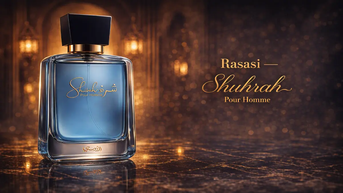 Frasco original del perfume árabe Rasasi Shuhrah Pour Homme, destacando su potencia, estela ahumada y rendimiento extremo en Argentina.