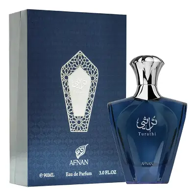 Inspección visual de la botella de perfume Afnan Turathi Blue de 400x400 píxeles.