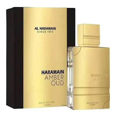 Inspección visual de la lujosa botella dorada y pesada de Al Haramain Amber Oud Gold Edition de 400x400 píxeles.