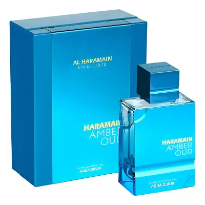 Inspección visual de la botella premium turquesa de Al Haramain Amber Oud Aqua Dubai Extrait de 400x400 píxeles.