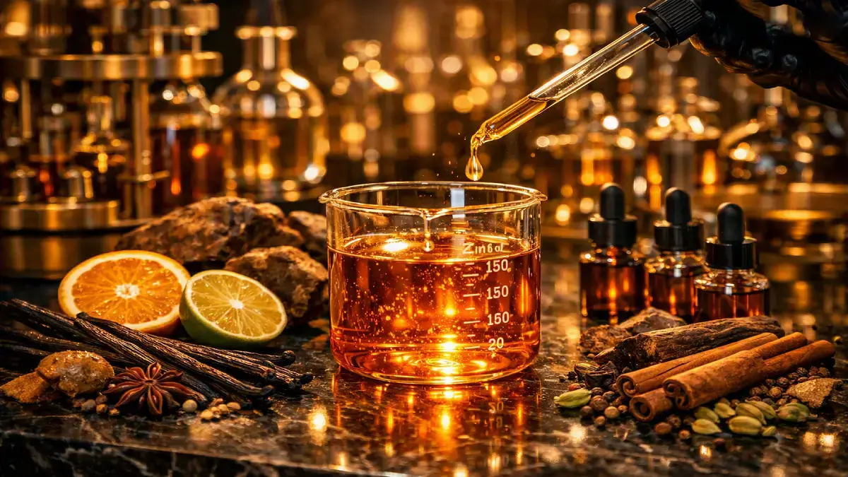 Frasco de perfume árabe rodeado de ingredientes naturales como oud, cítricos y especias en un laboratorio olfativo.