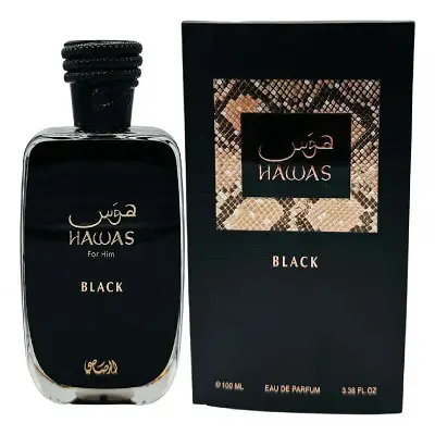 Empaque original Rasasi Hawas Black Caja y empaque original de perfume Rasasi Hawas Black